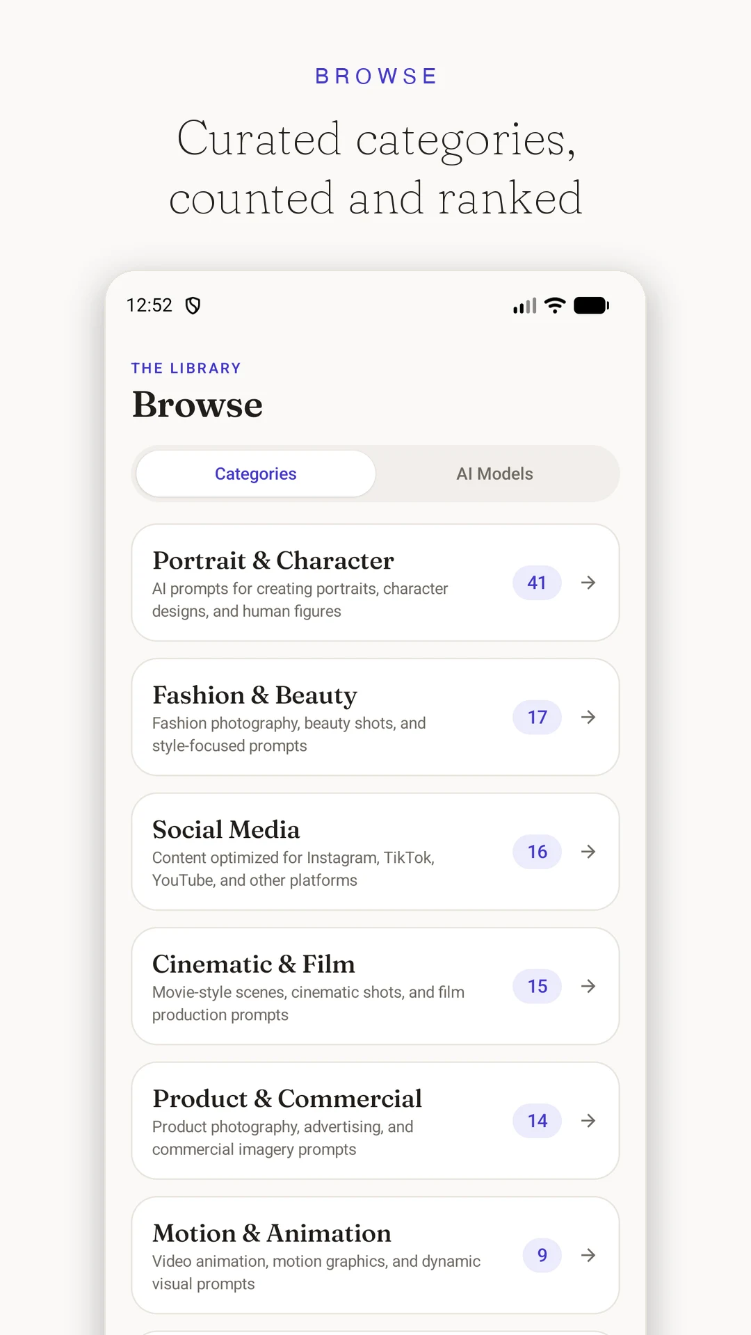 Browsing AI prompt categories in the app