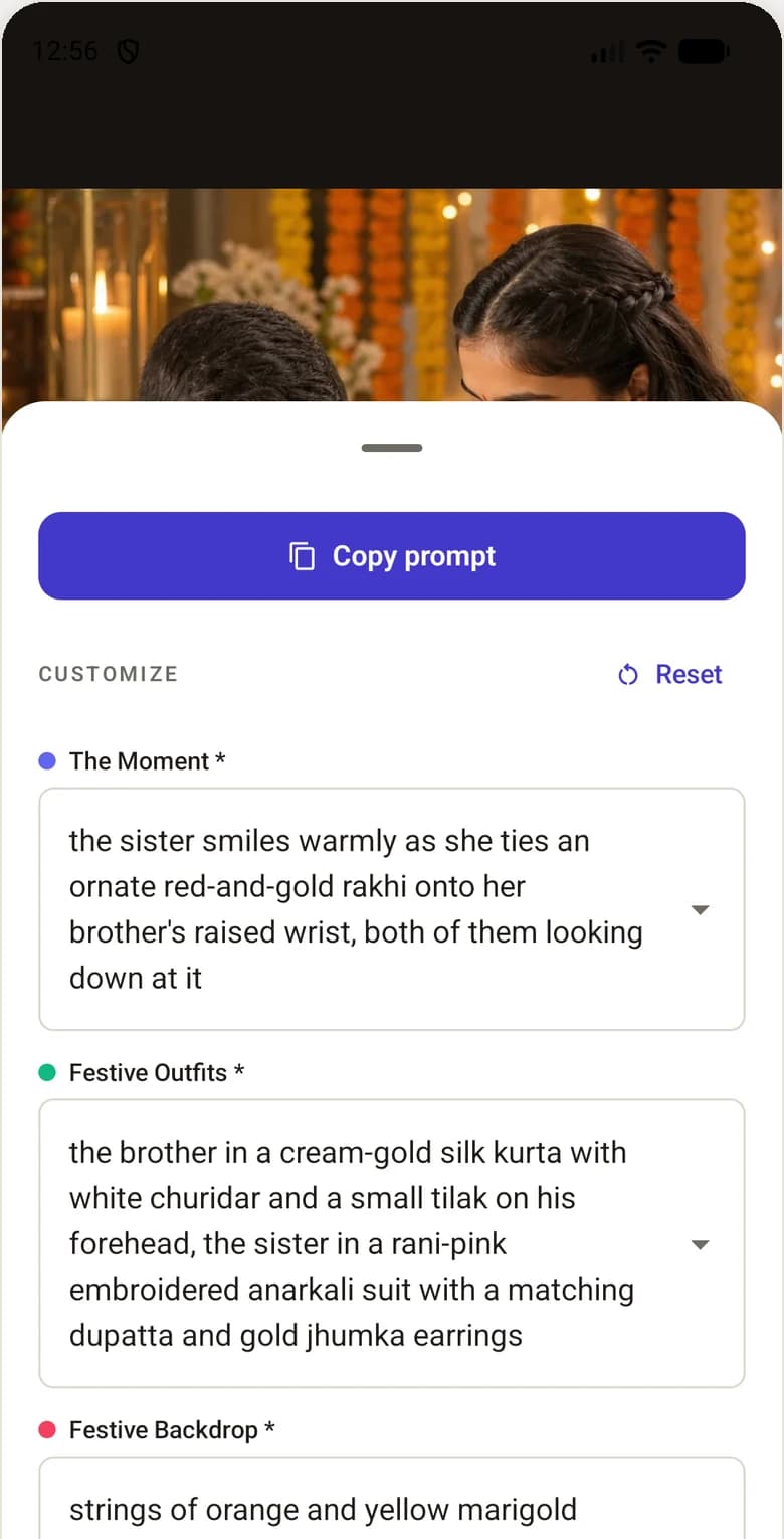 The PromptsRush Android app showing a prompt's customisable fields