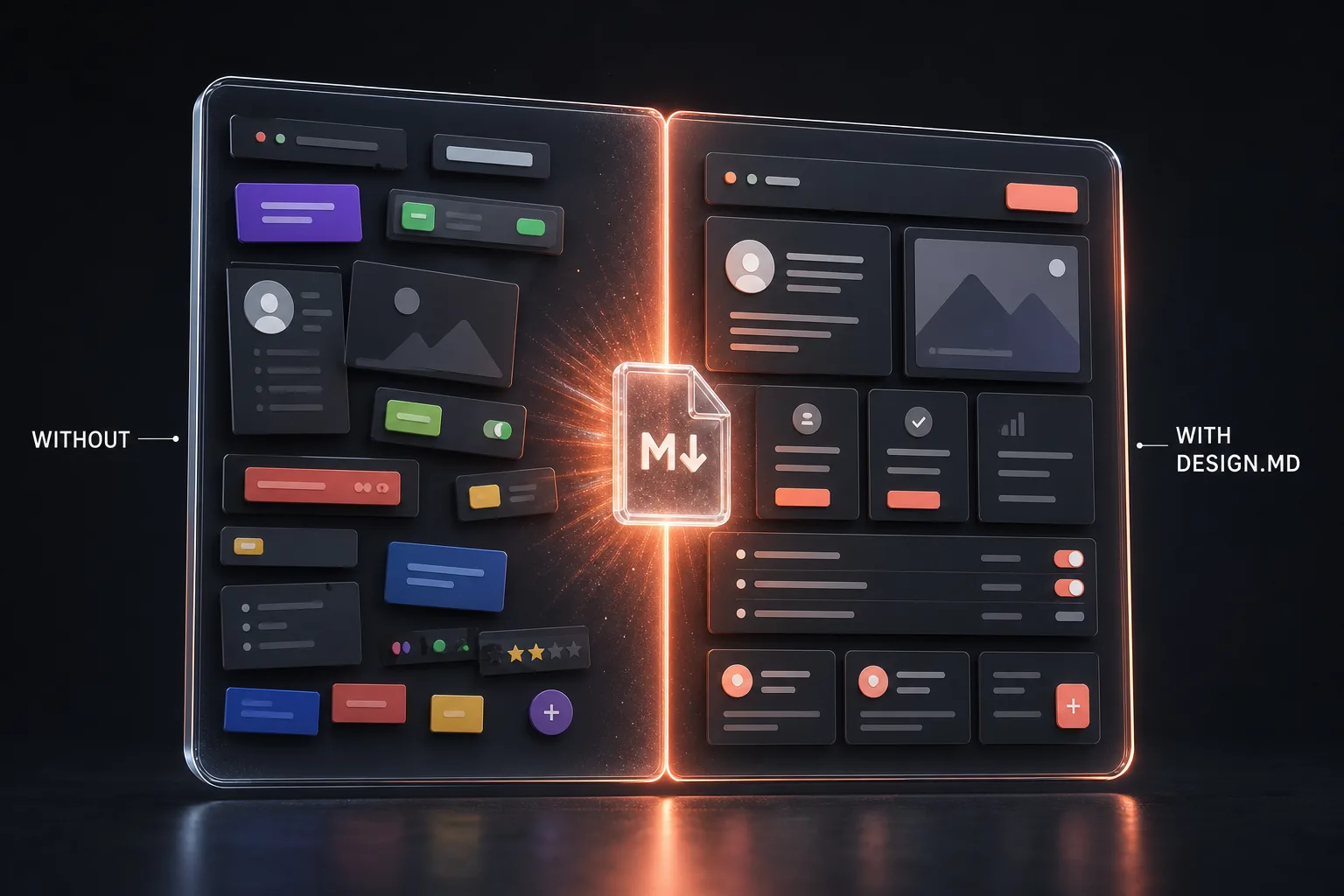 Comparison of AI-generated UI without a design.md file — inconsistent colors and spacing — versus with one: consistent, on-brand components