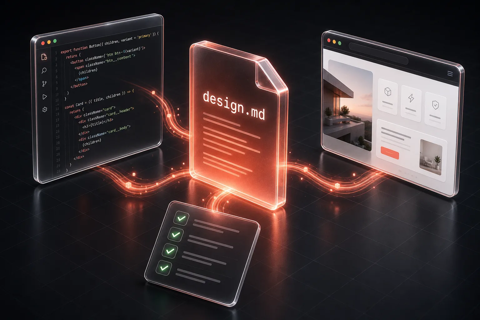 A design.md file at the center of an AI coding loop, feeding a code editor, a rendered page, and a review checklist