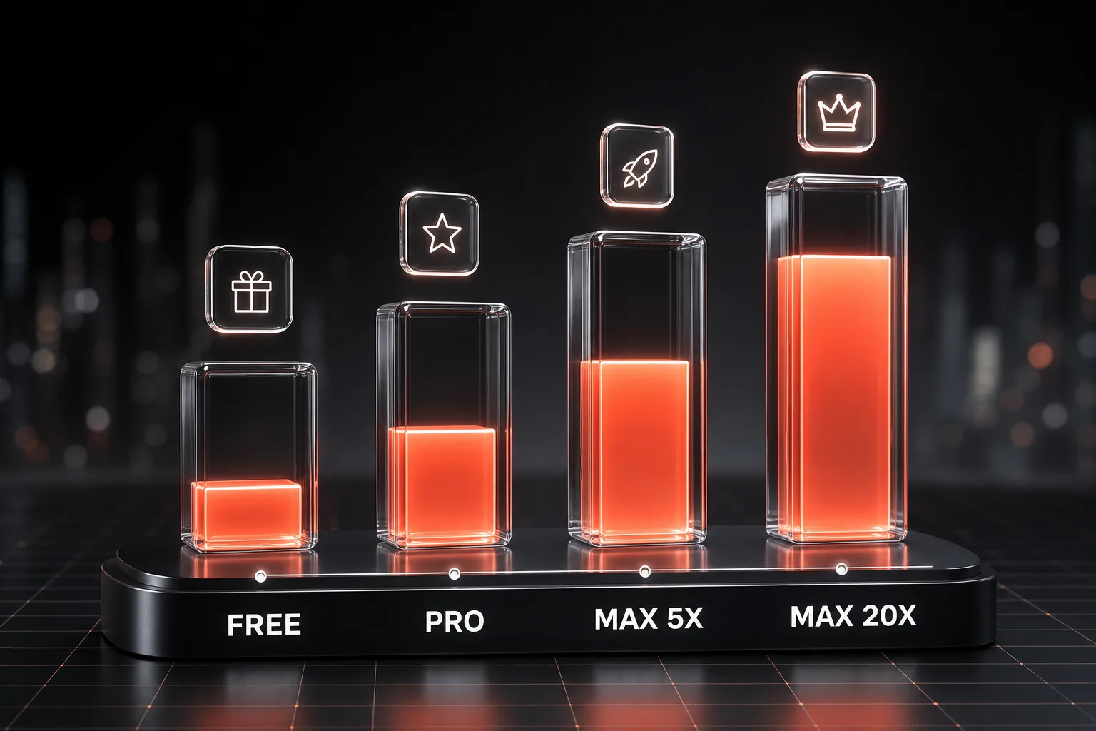 Claude usage tiers compared: Free, Pro, Max 5x, and Max 20x as ascending bars