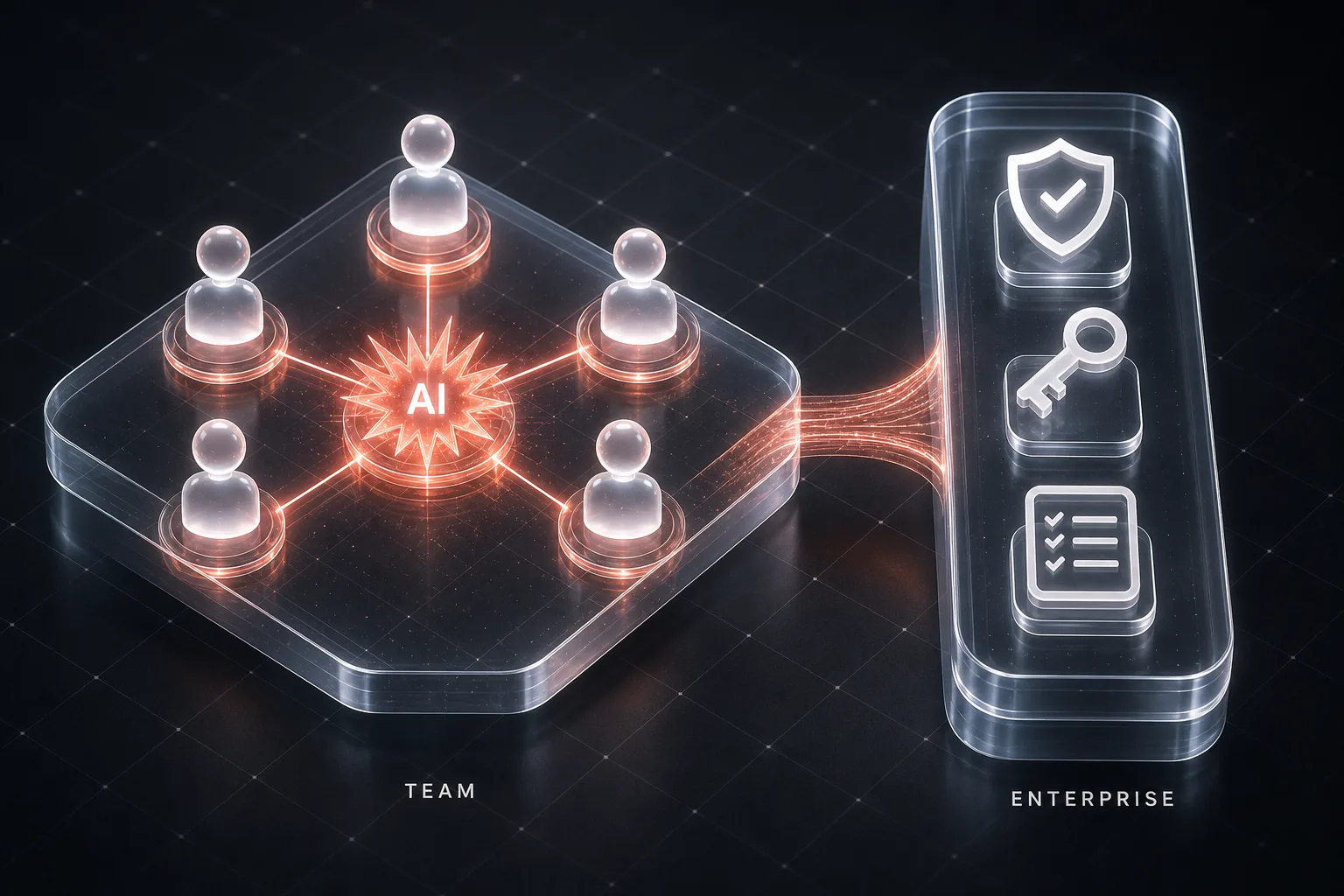Claude Team and Enterprise plans illustrated: a five-person team workspace connected to an enterprise platform with security controls