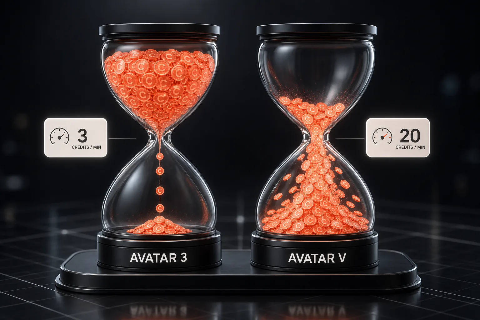 HeyGen credit consumption compared: Avatar 3 barely drains the credit pool while Avatar V burns about 20 credits per minute