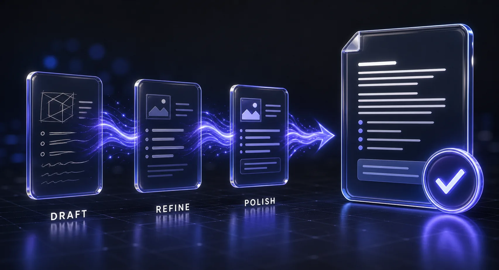 A three-stage prompt pipeline: draft, refine, and polish stages flowing into a finished document