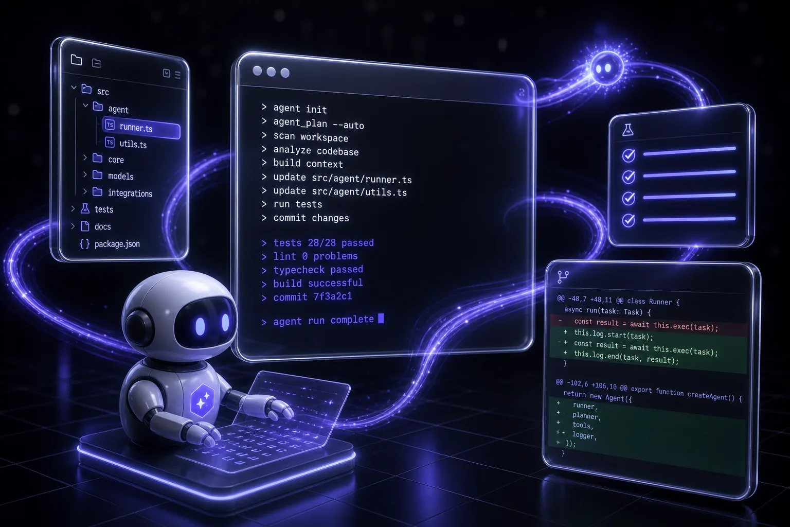 An autonomous AI coding agent working in a terminal with tests, diffs, and a file tree