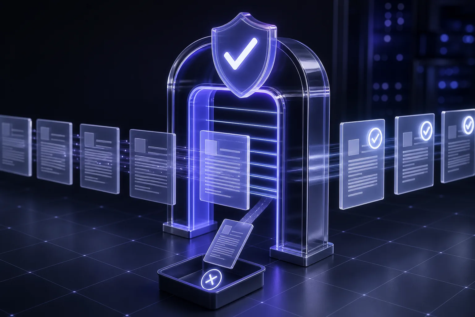 A verification gate checking AI-generated documents, passing verified work and rejecting flawed output
