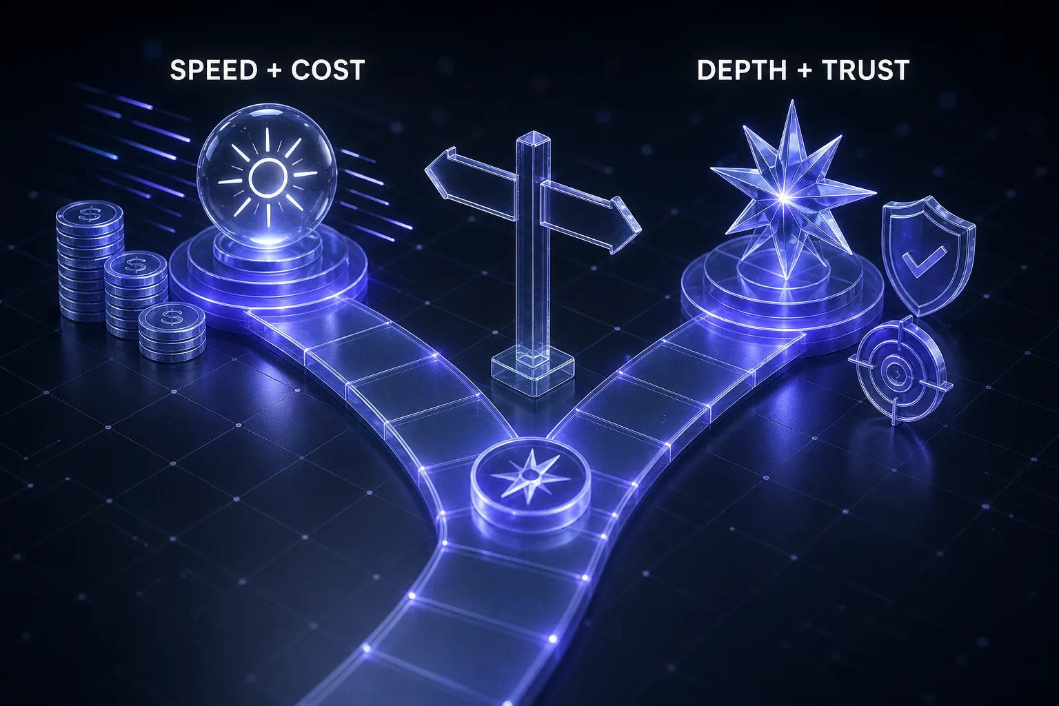 Decision fork between GPT-5.6 Sol for speed and cost and Claude Fable 5 for depth and trust