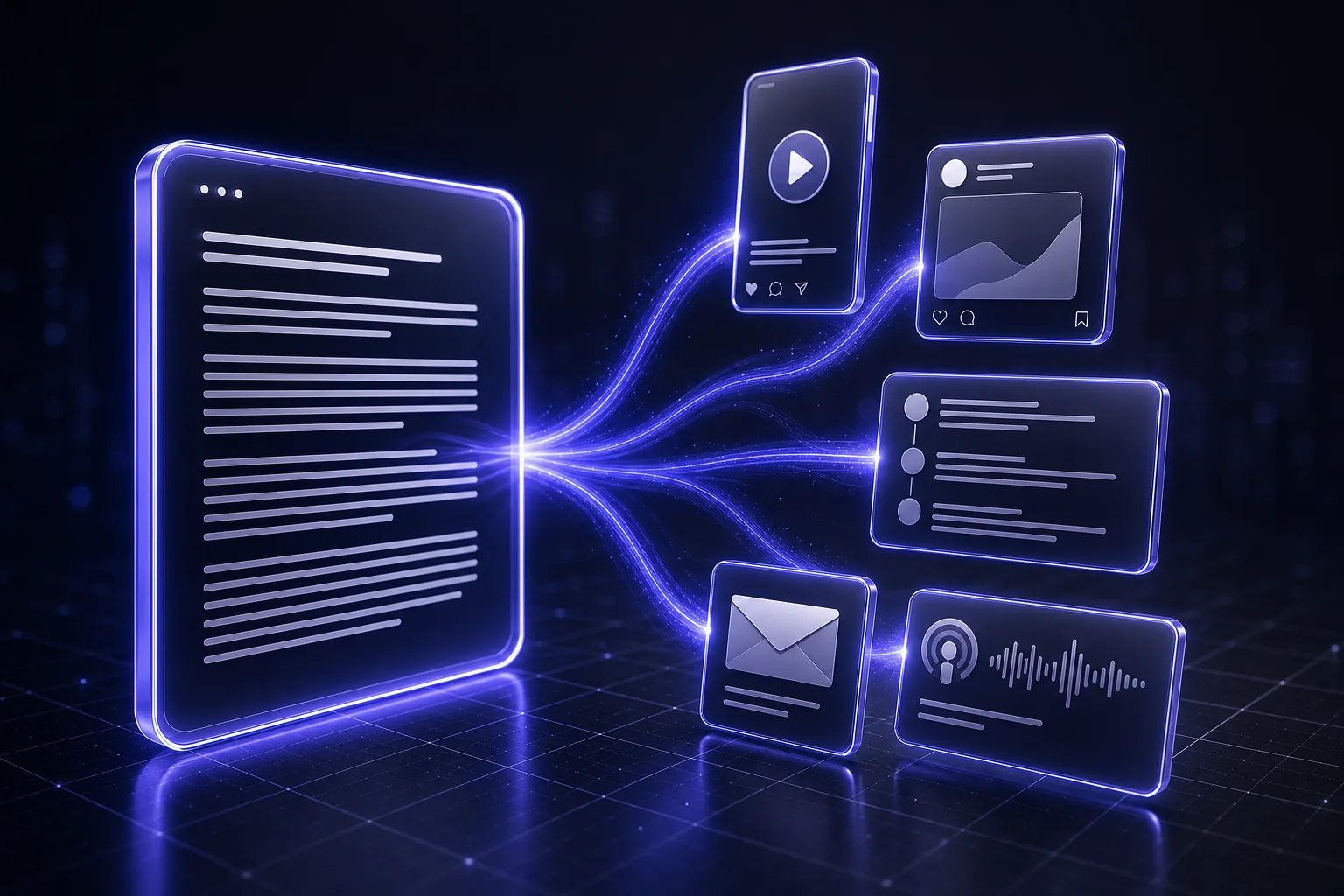 One blog article being repurposed into short video, social posts, a thread, a newsletter, and a podcast clip