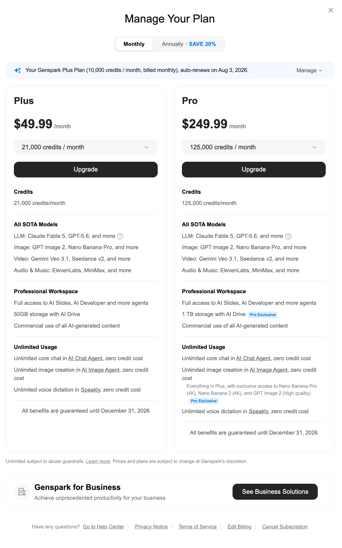 Genspark monthly pricing screen showing Plus at $49.99 per month with 21,000 credits and Pro at $249.99 per month with 125,000 credits