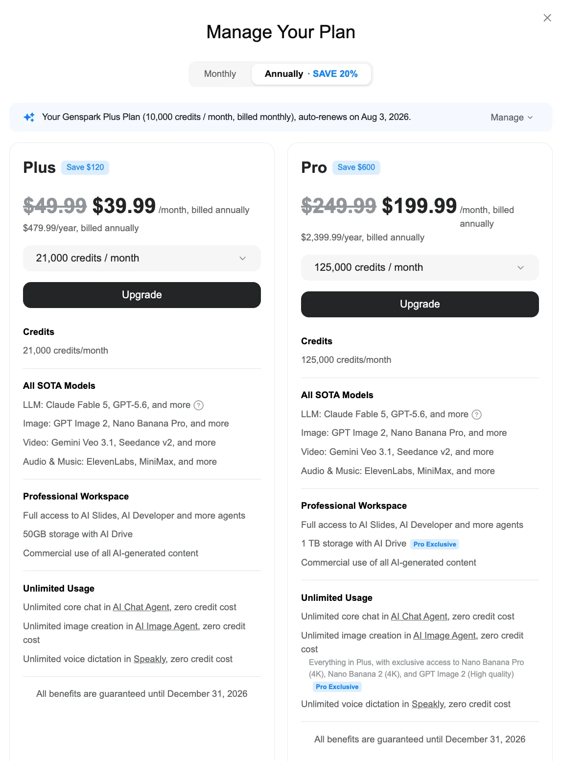 Genspark annual pricing screen showing Plus at $39.99 per month billed annually saving $120, and Pro at $199.99 per month billed annually saving $600