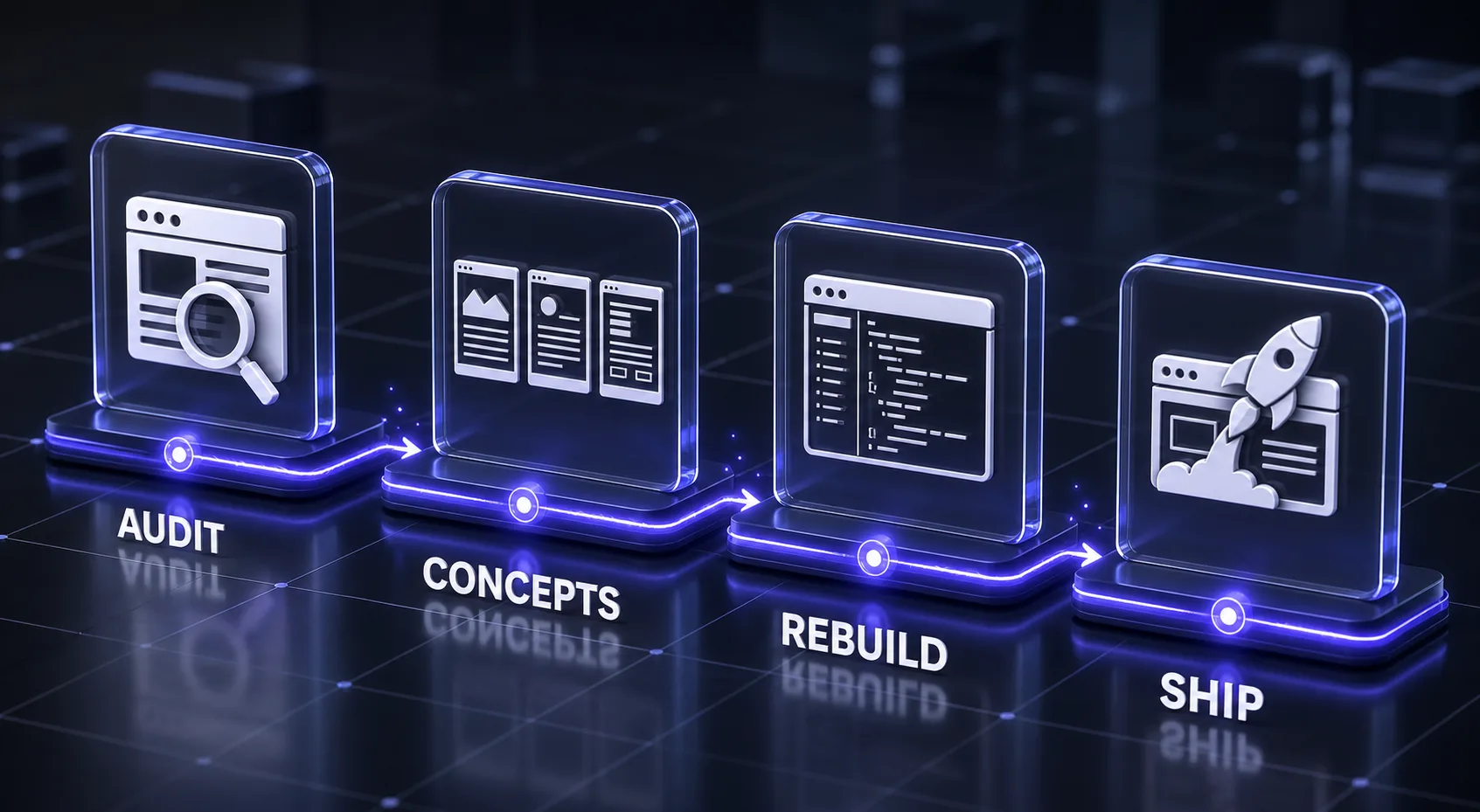 The four-stage web page redesign workflow: audit, concepts, rebuild, and ship