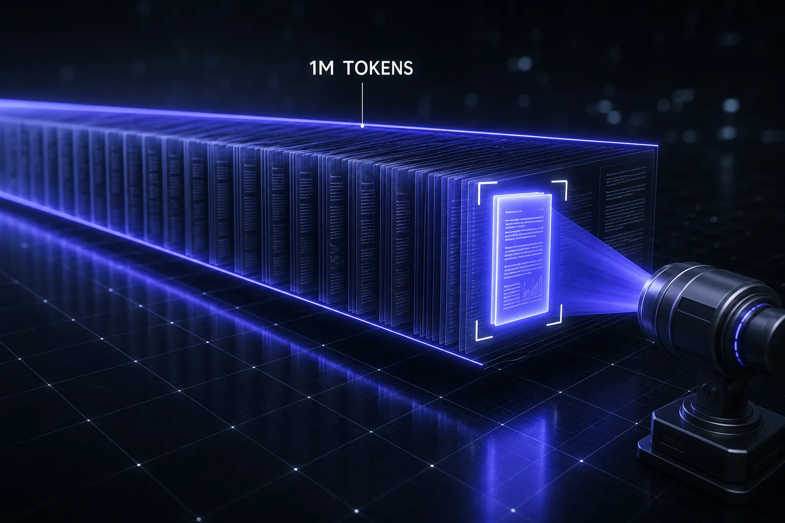 A million-token context window illustrated as a long ribbon of documents with a search beam finding a single page