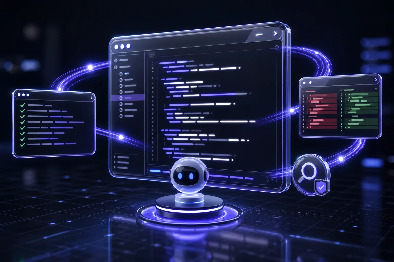 An autonomous AI coding agent working across a code editor, terminal tests, and a git diff with a verification badge