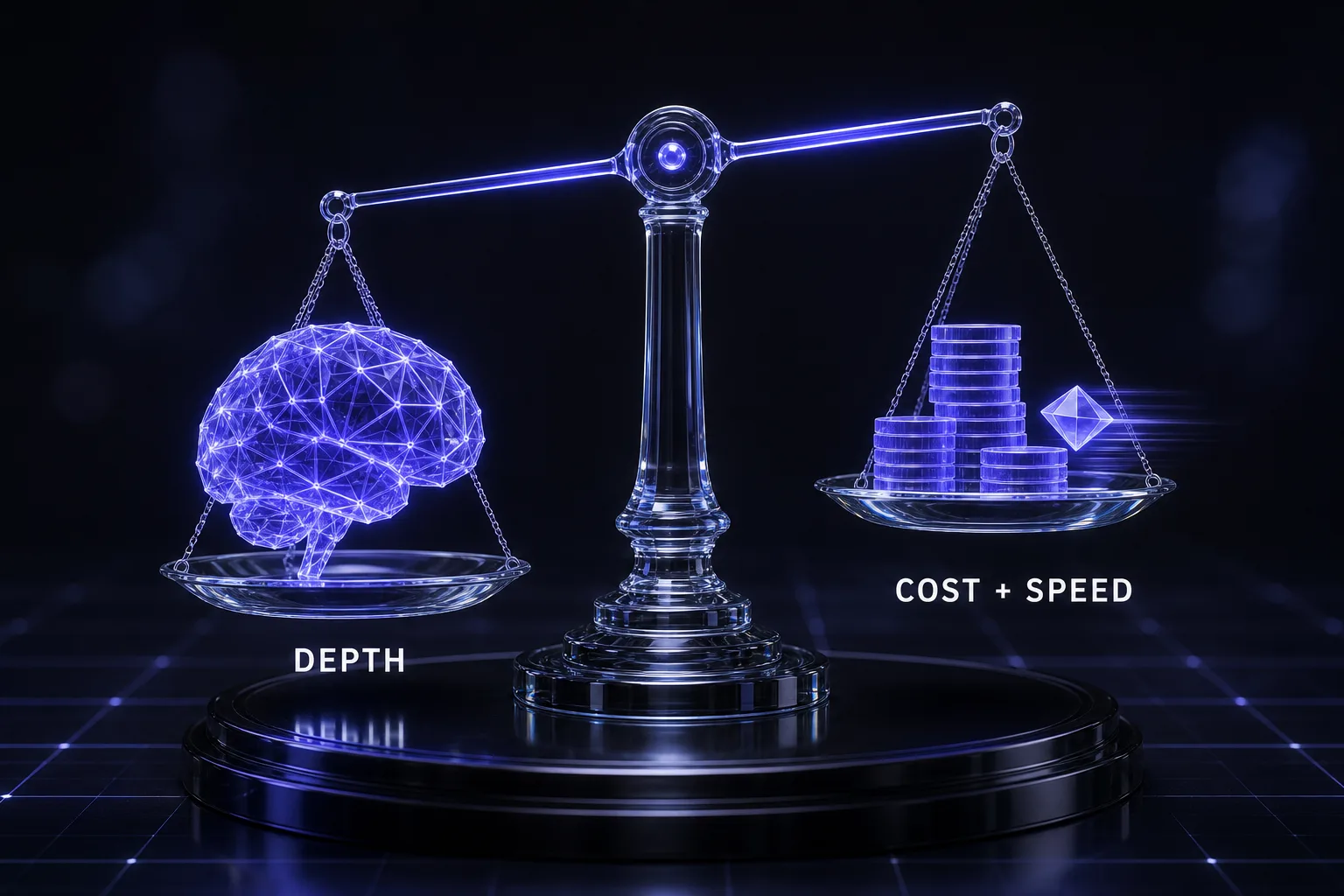 A balance scale weighing deep reasoning capability against cost and speed