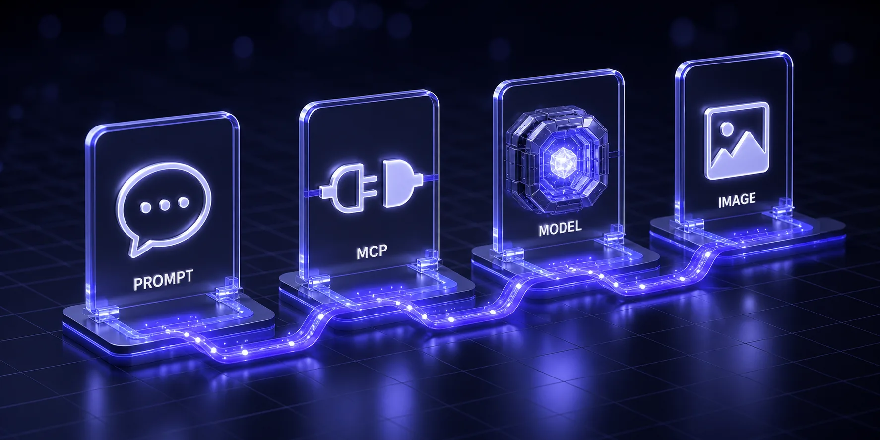 The four stages of image generation through MCP: prompt, MCP server, model, and finished image