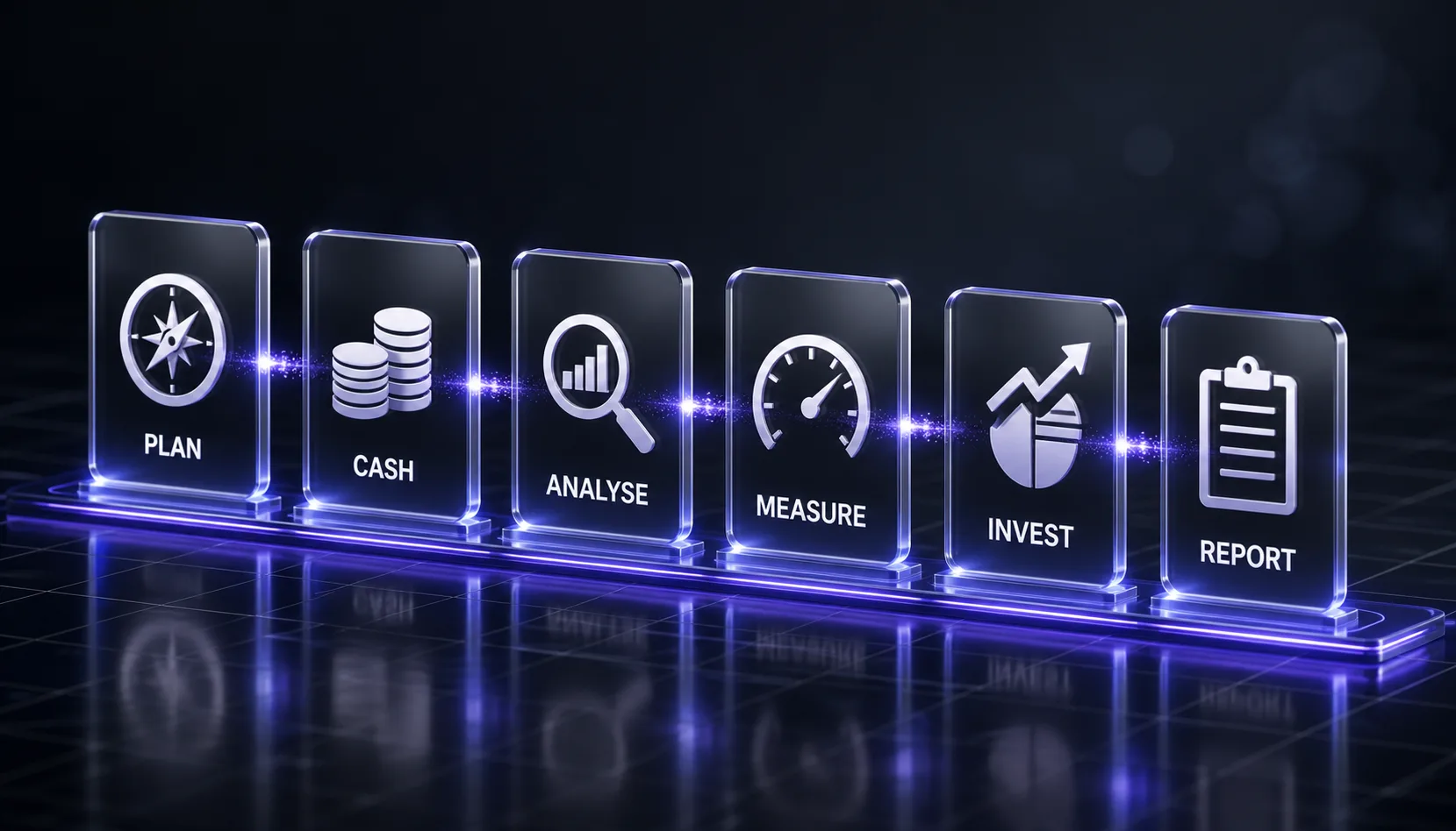 Six business domains: plan, cash, analyse, measure, invest, and report