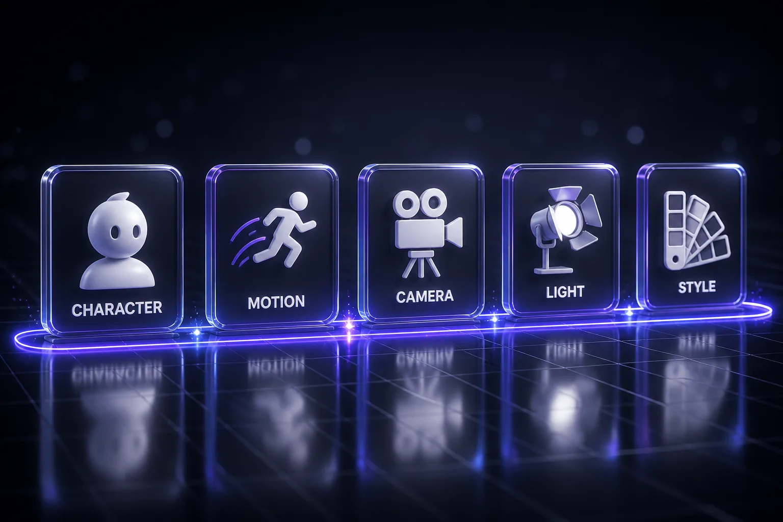 The five components of a 3D animation prompt: character, motion, camera, light, and style