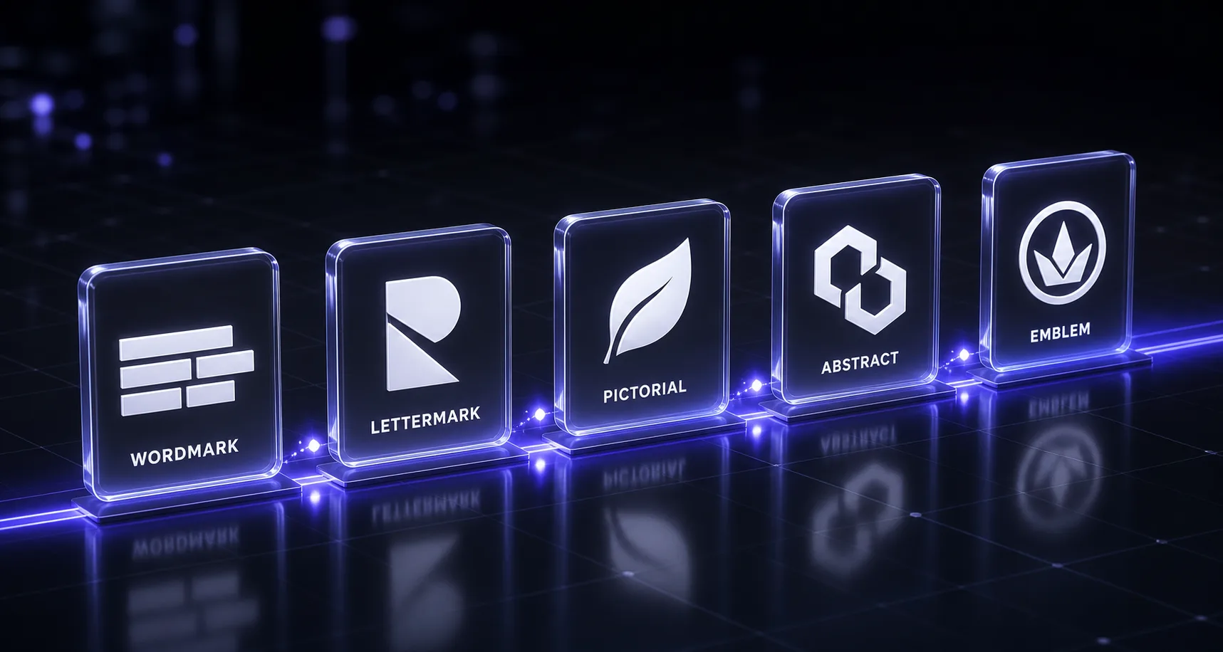 Five logo mark types: wordmark, lettermark, pictorial, abstract, emblem