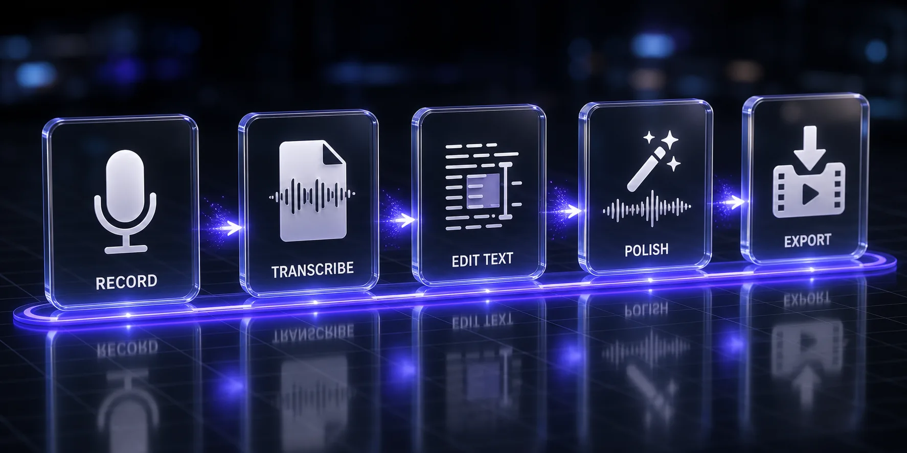 The Descript workflow: record, transcribe, edit text, polish, export