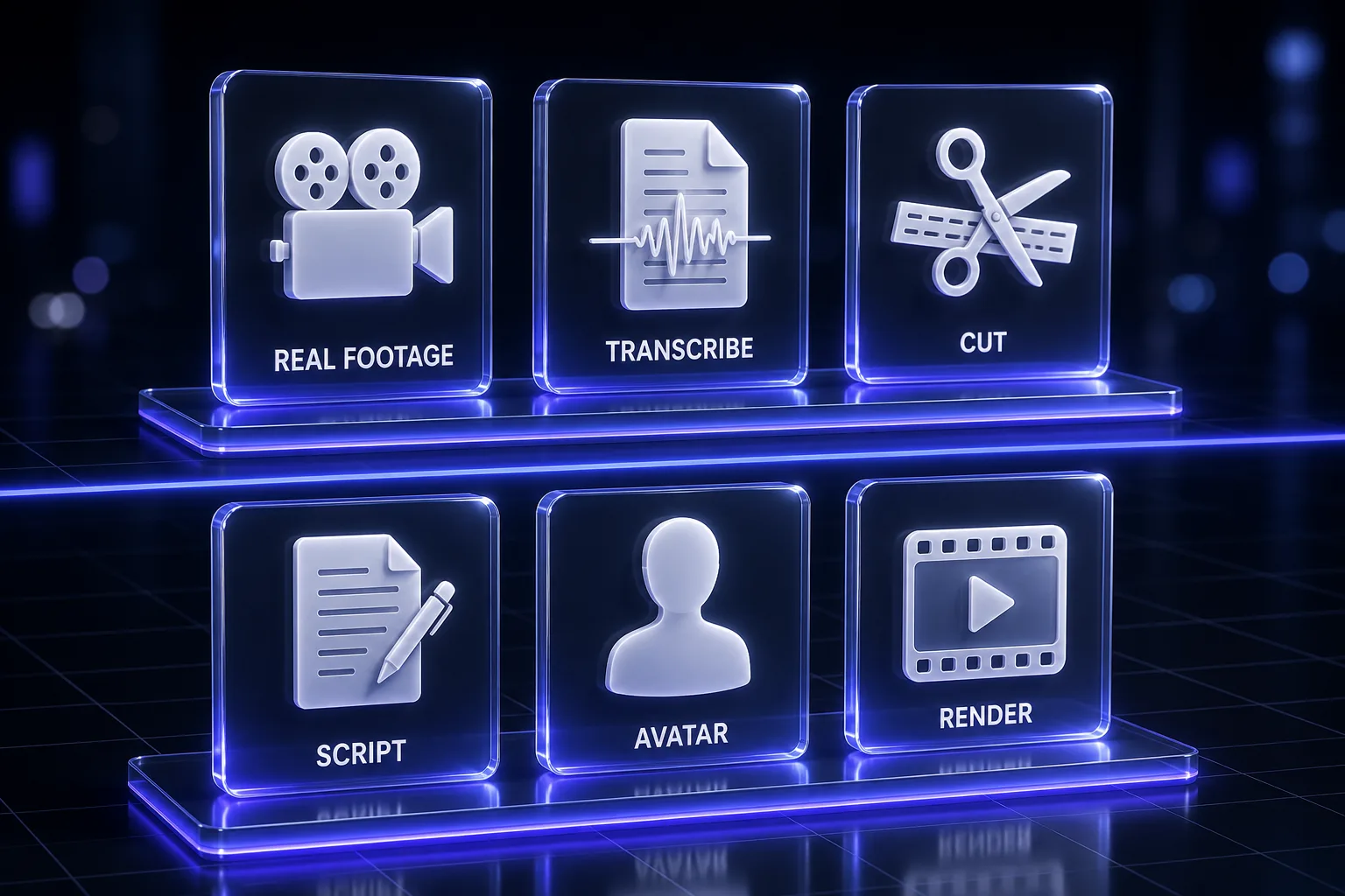 Two production paths: real footage through transcription and cutting, versus script through avatar to render