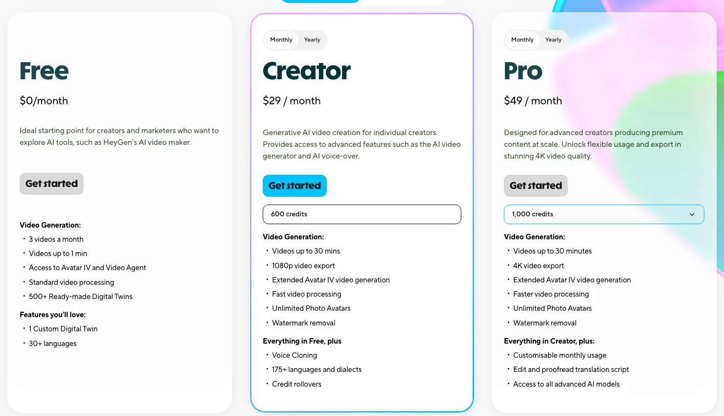 HeyGen pricing tiers: Free, Creator and Pro
