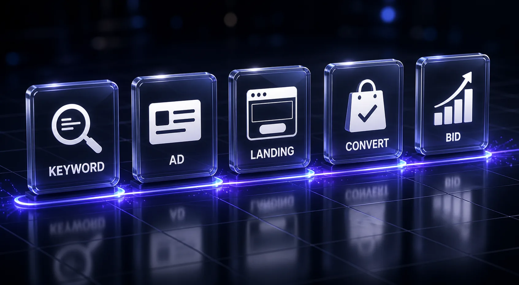 The paid search pipeline: keyword, ad, landing page, conversion and bid