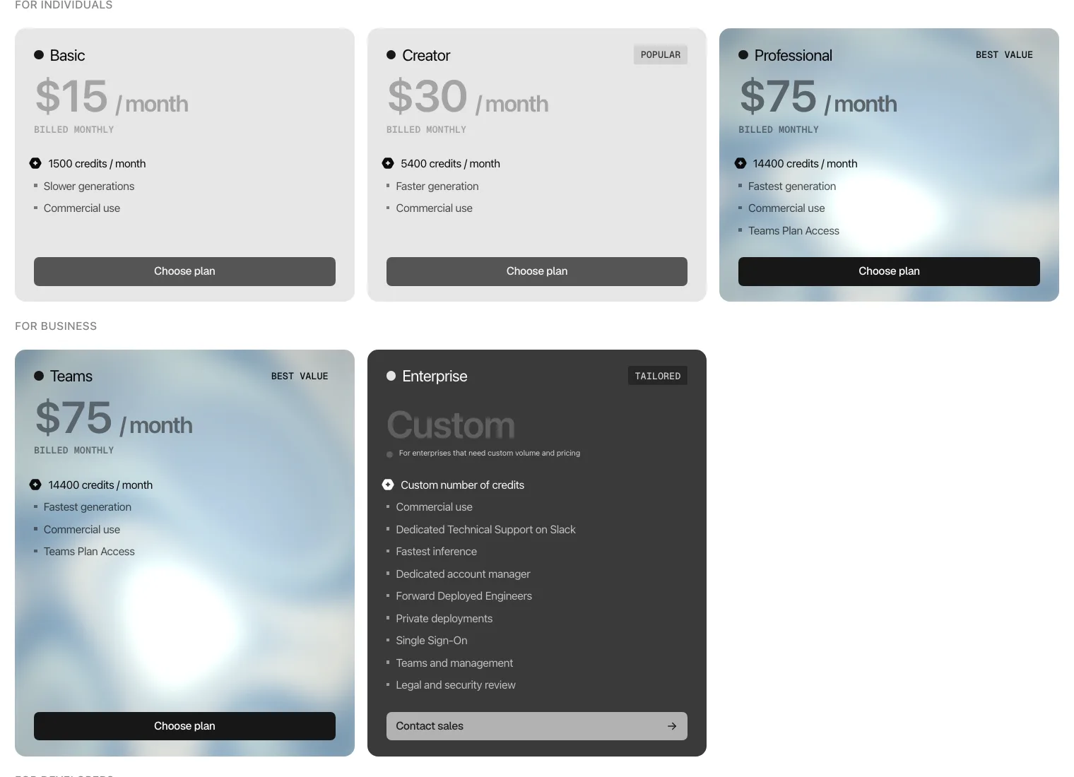 The Hedra pricing page showing Basic, Creator, Professional, Teams and Enterprise plans