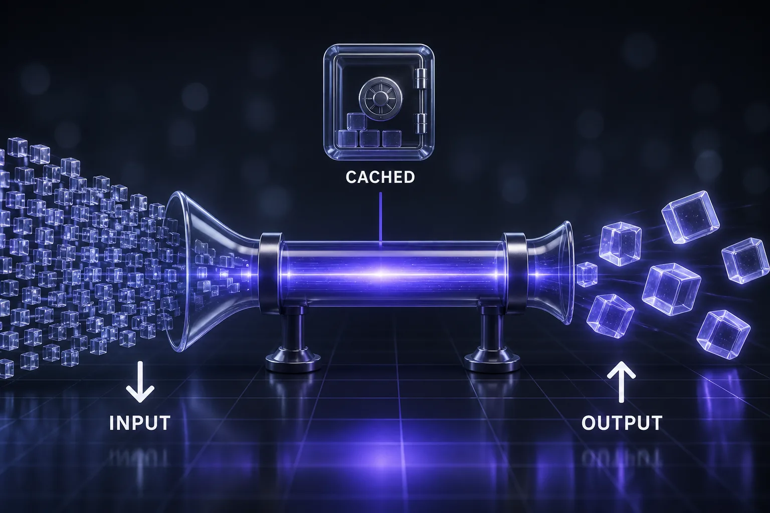 Tokens flowing into a pipeline as input, out as output, with a cached side-path that costs less
