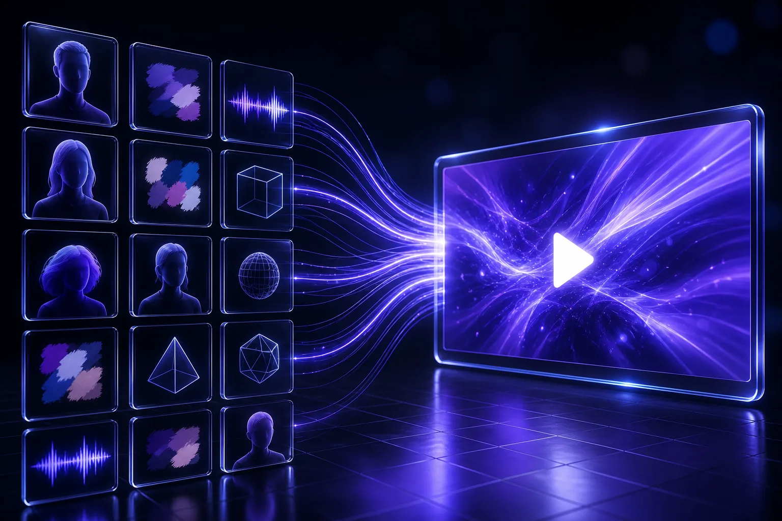 Many reference assets of different types converging into a single video output
