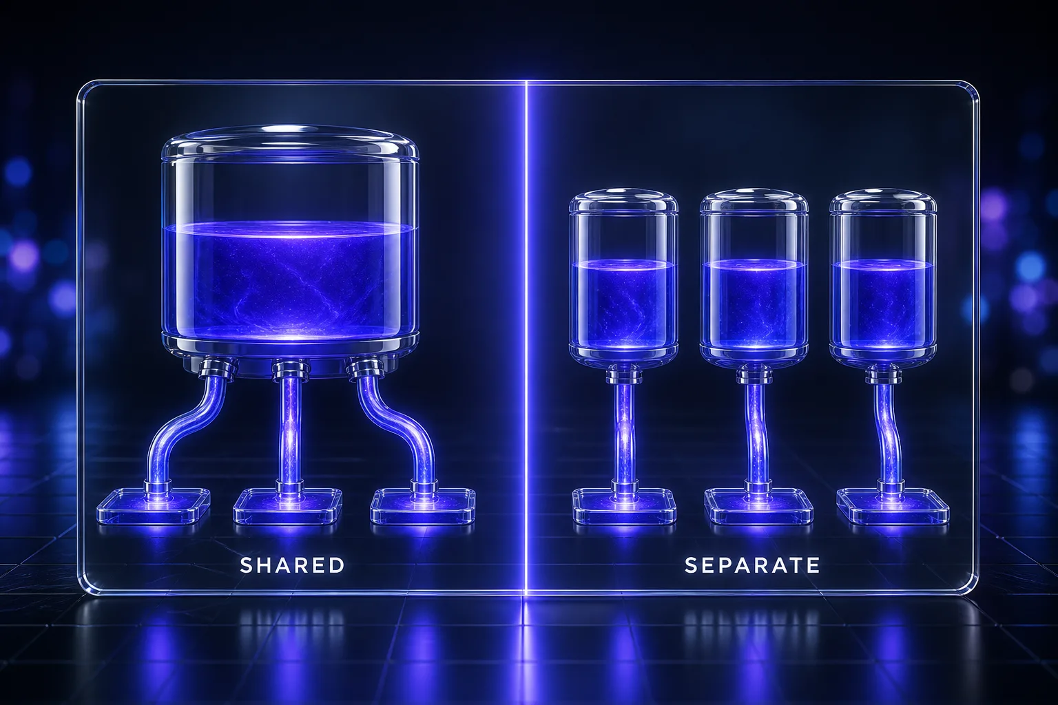 One shared reservoir feeding several uses, versus separate metered reservoirs