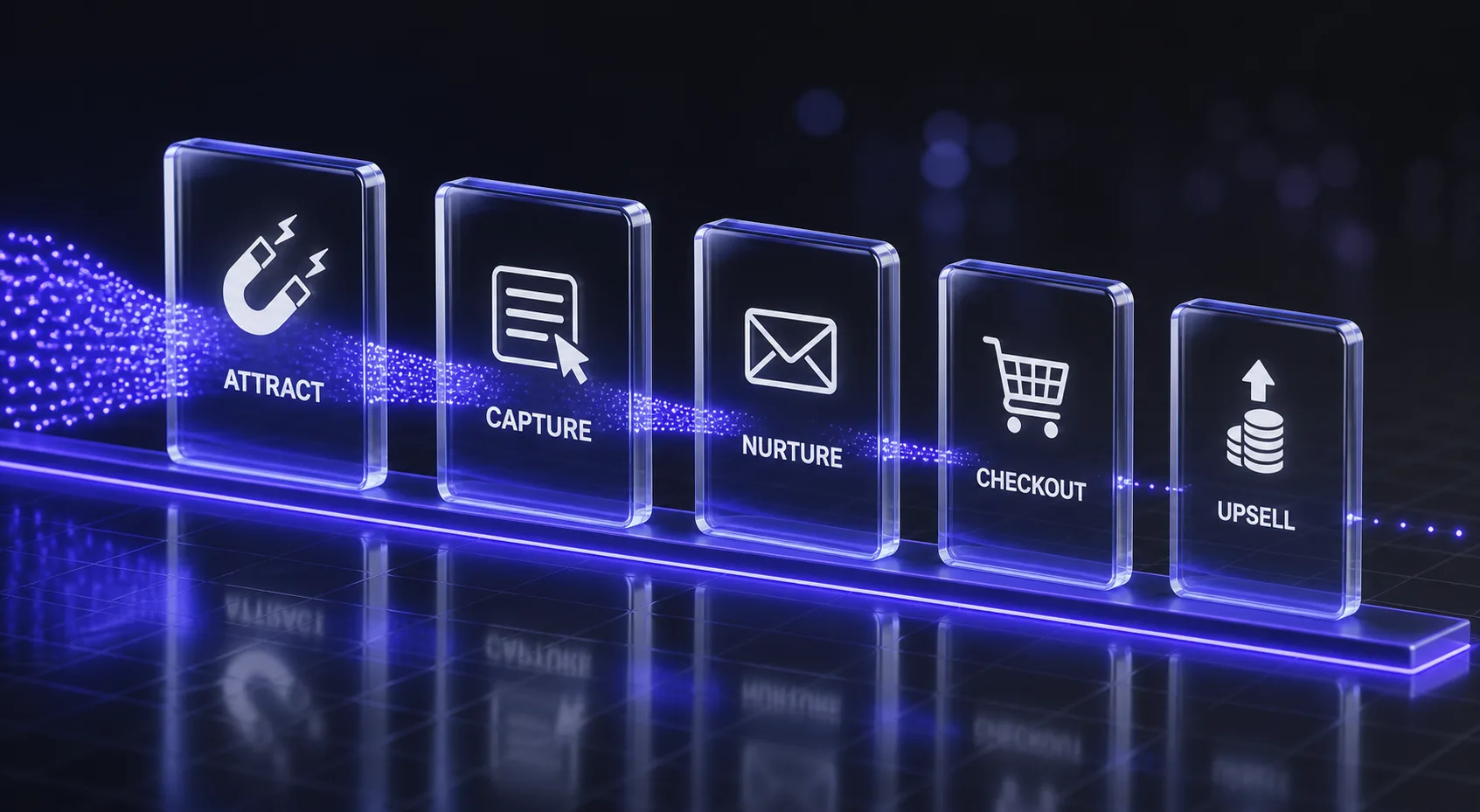 The five stages of a sales funnel: attract, capture, nurture, checkout and upsell