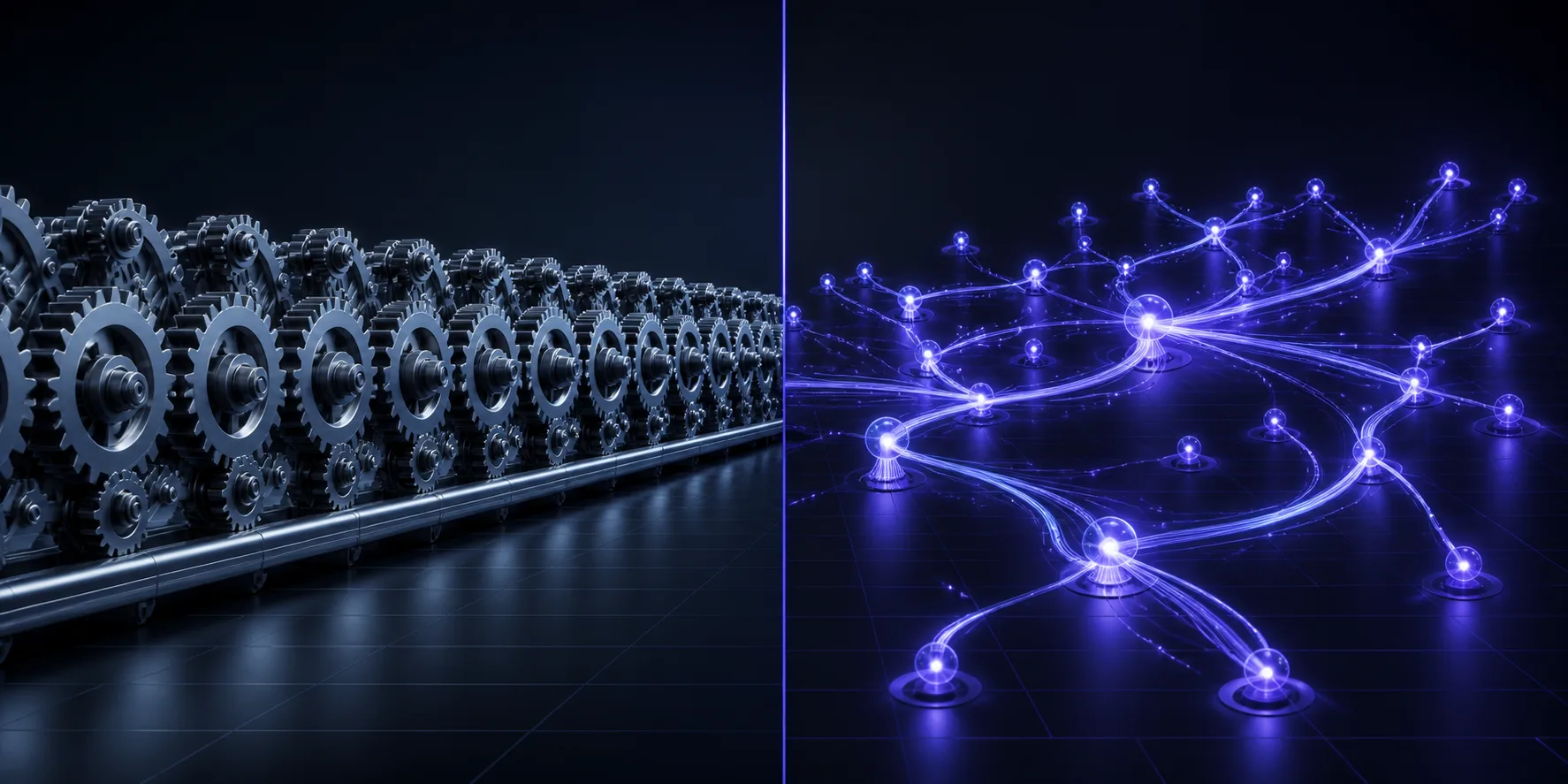 Deterministic clockwork on one side, an adaptive branching network on the other