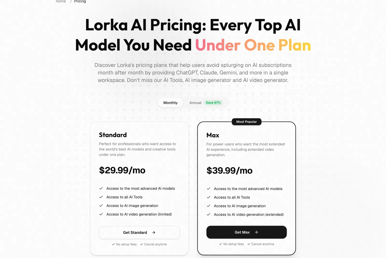 Lorka AI pricing page hero showing the all-in-one subscription positioning