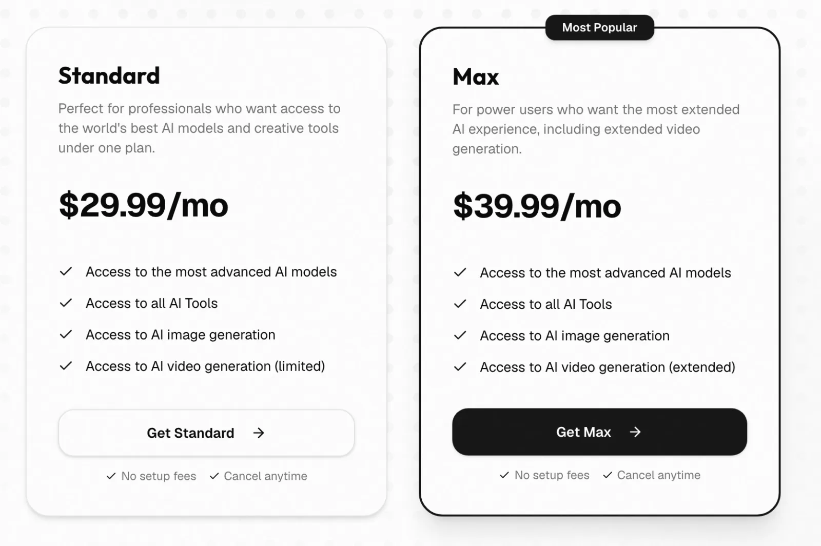 Lorka AI pricing page showing the Standard and Max plans