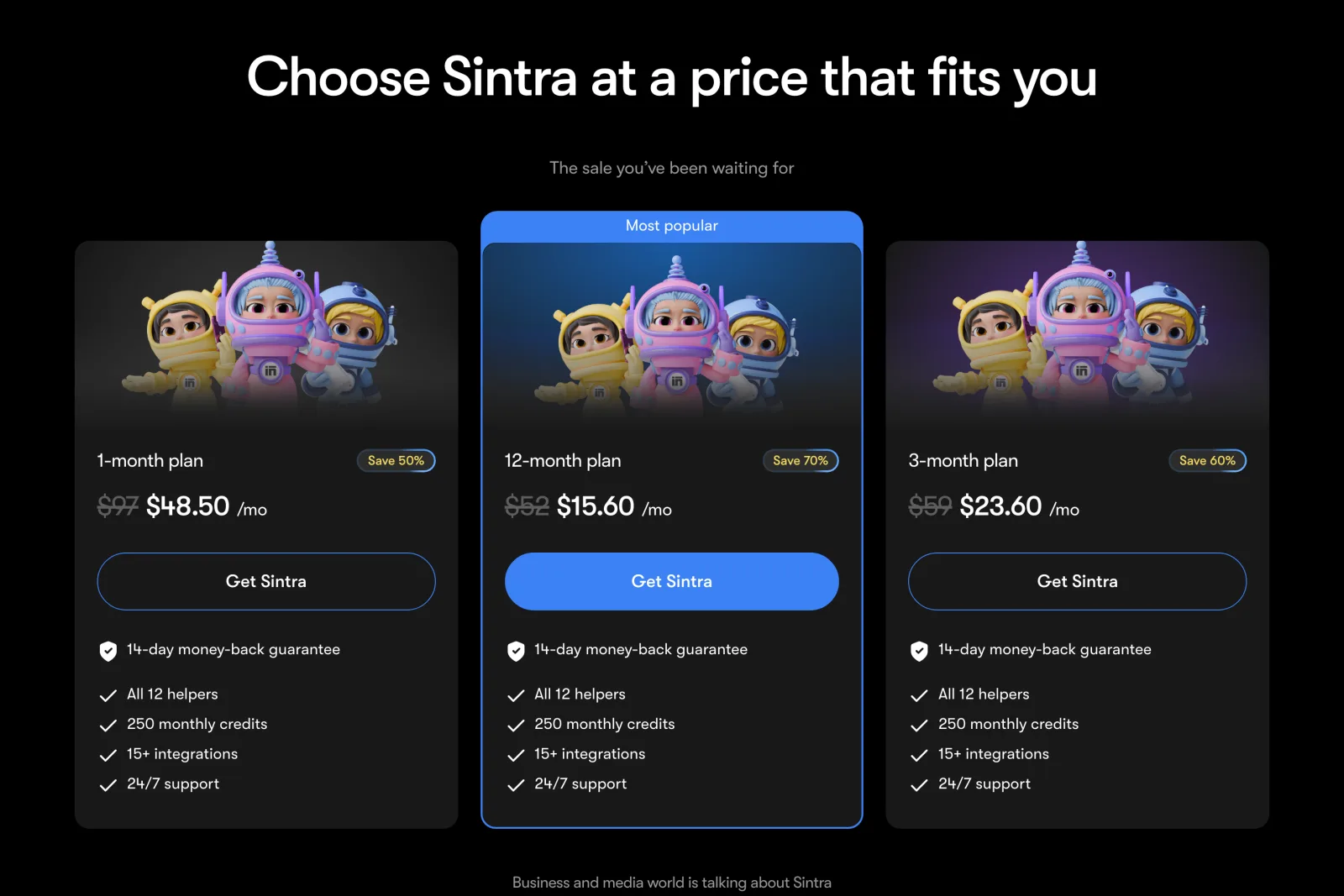 Sintra AI pricing page hero with the three plan cards