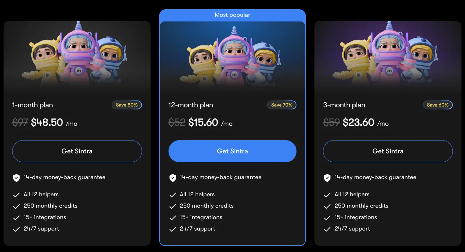Sintra AI pricing page showing the 1-month, 3-month and 12-month plans