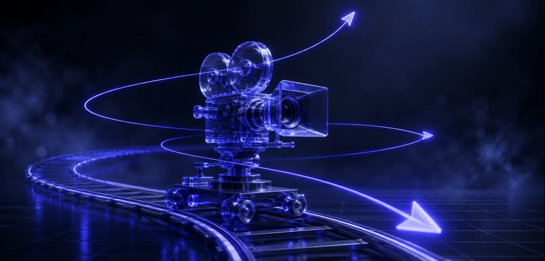 Camera on a dolly track with three luminous motion paths mapping distinct moves