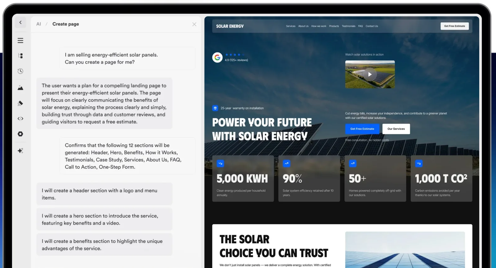 Onepage AI generating a landing page from a prompt and listing the sections it will build