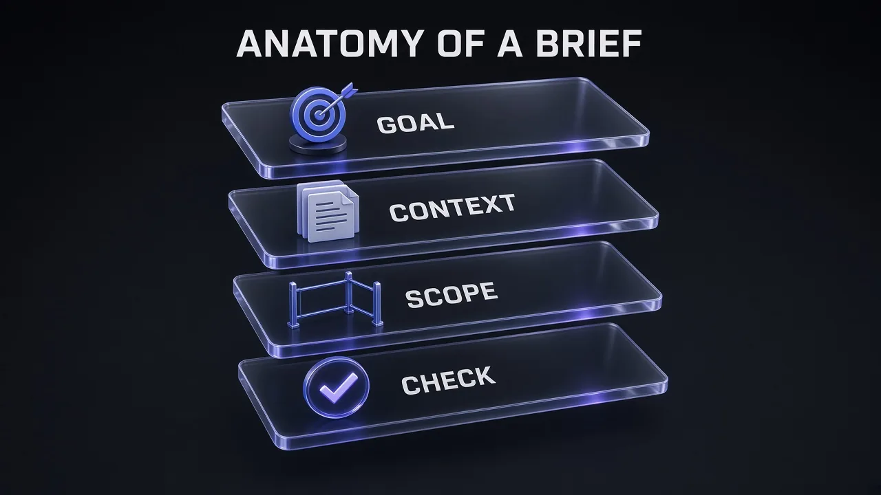 Four stacked glass slabs labelled Goal, Context, Scope and Check showing the parts of a good Claude Opus 5.5 coding brief