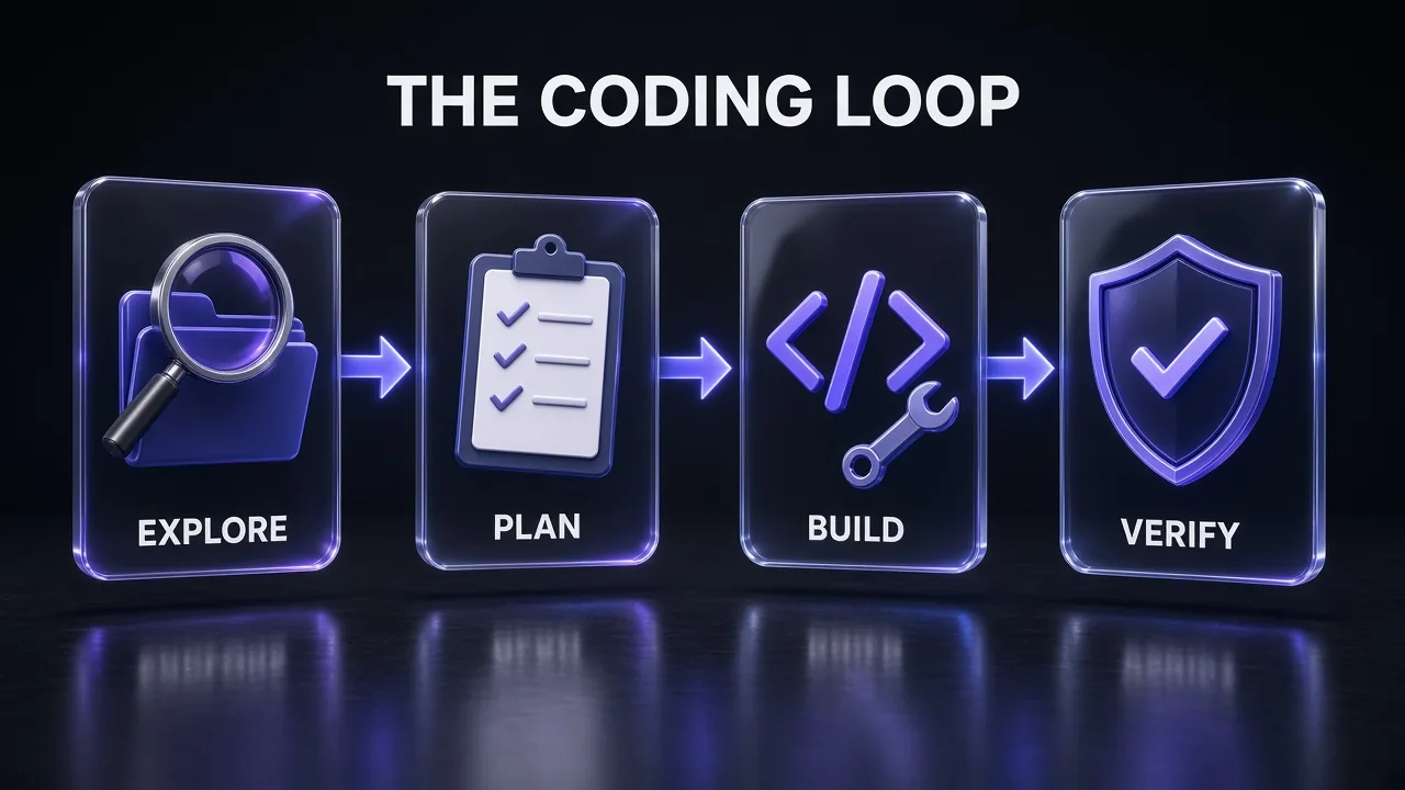 Four glass cards joined by arrows labelled Explore, Plan, Build and Verify showing the Claude Opus 5.5 coding workflow