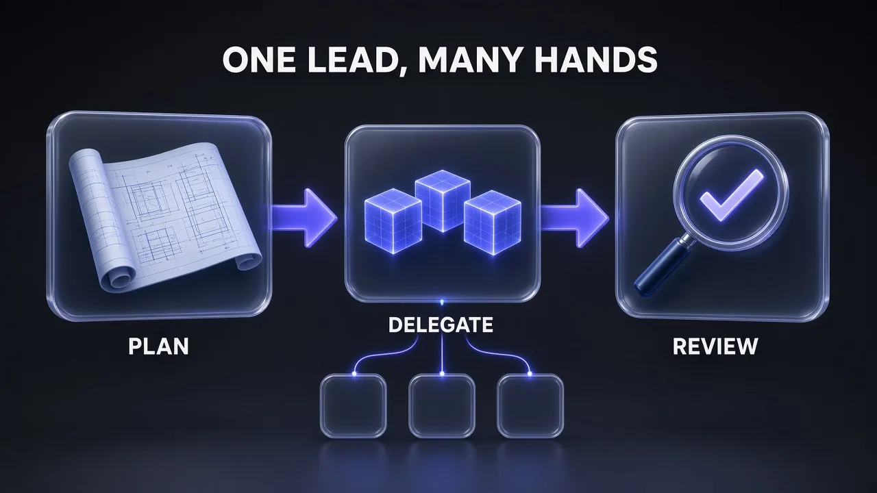 Glass cards labelled Plan, Delegate and Review with lines fanning out to worker tiles, showing Gemini 4 Argon orchestrating subagents