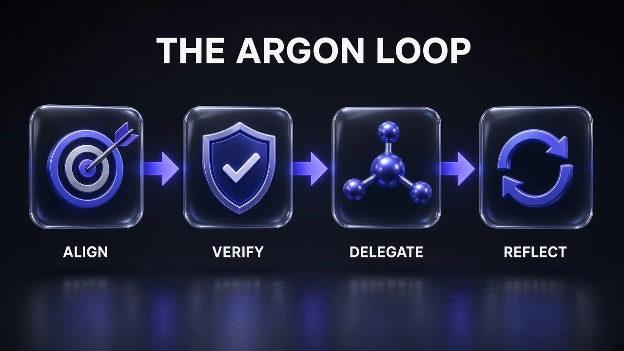 Four glass cards joined by arrows labelled Align, Verify, Delegate and Reflect showing the Gemini 4 Argon development workflow