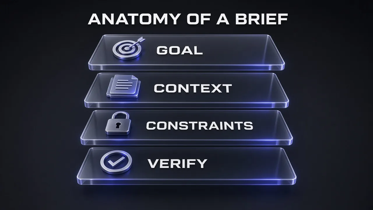 A layered glass prompt card showing the four parts of a GLM-5.3 coding brief: goal, context, constraints and verify