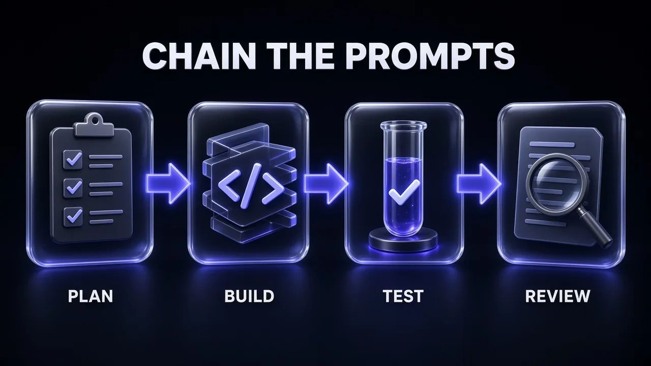 A left-to-right flow of four glass cards labelled Plan, Build, Test and Review showing how to chain GLM-5.3 coding prompts