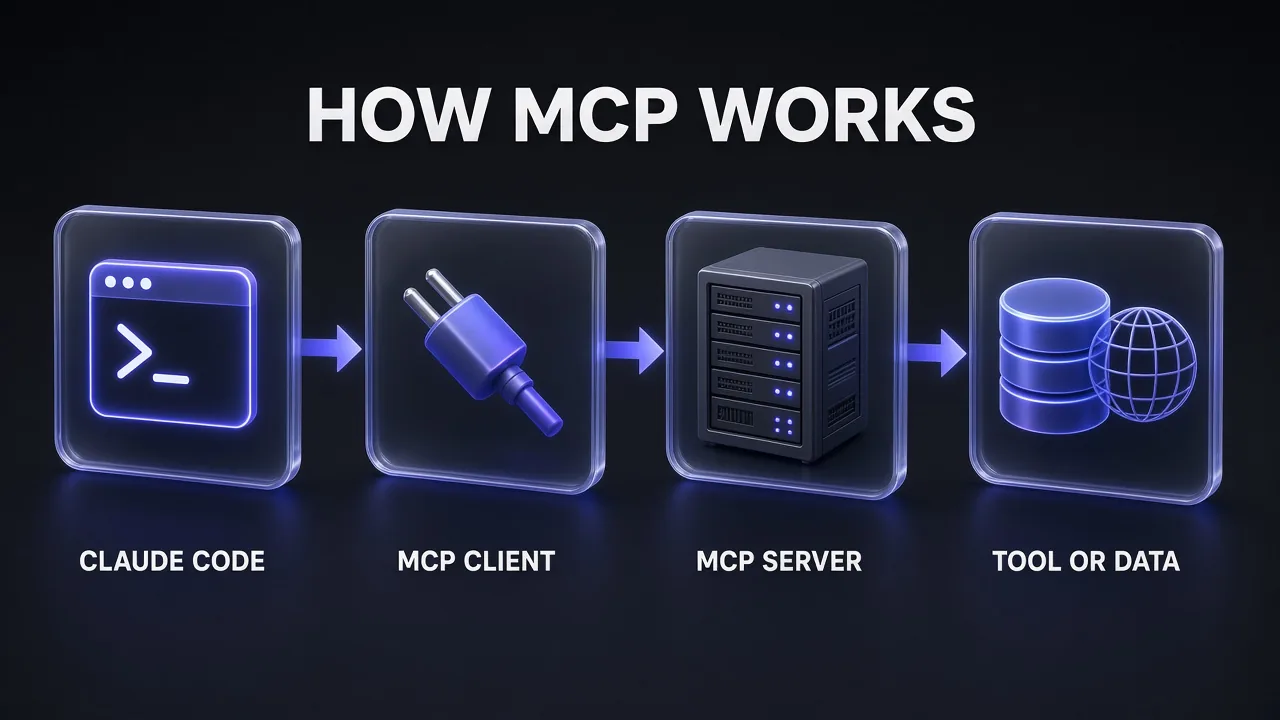Flow diagram showing how MCP works in Claude Code: Claude Code connects to an MCP client, which talks to an MCP server, which reaches the tool or data source