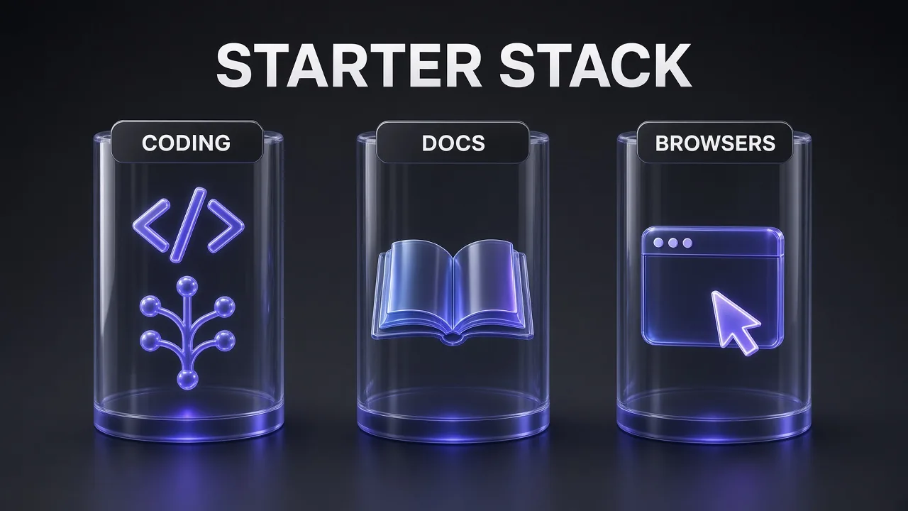Starter stack of MCP servers for Claude Code grouped into three columns: coding, docs and browsers