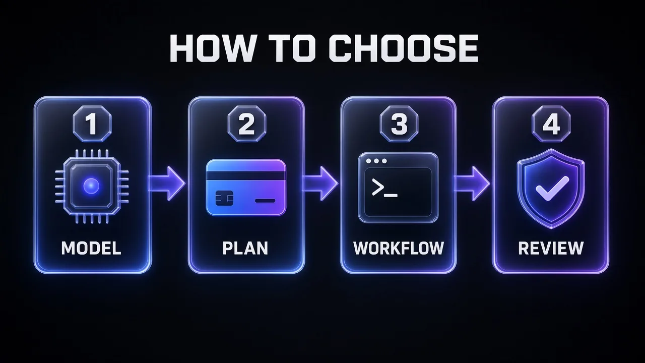 Four numbered cards showing how to choose a coding agent: model, plan, workflow and review