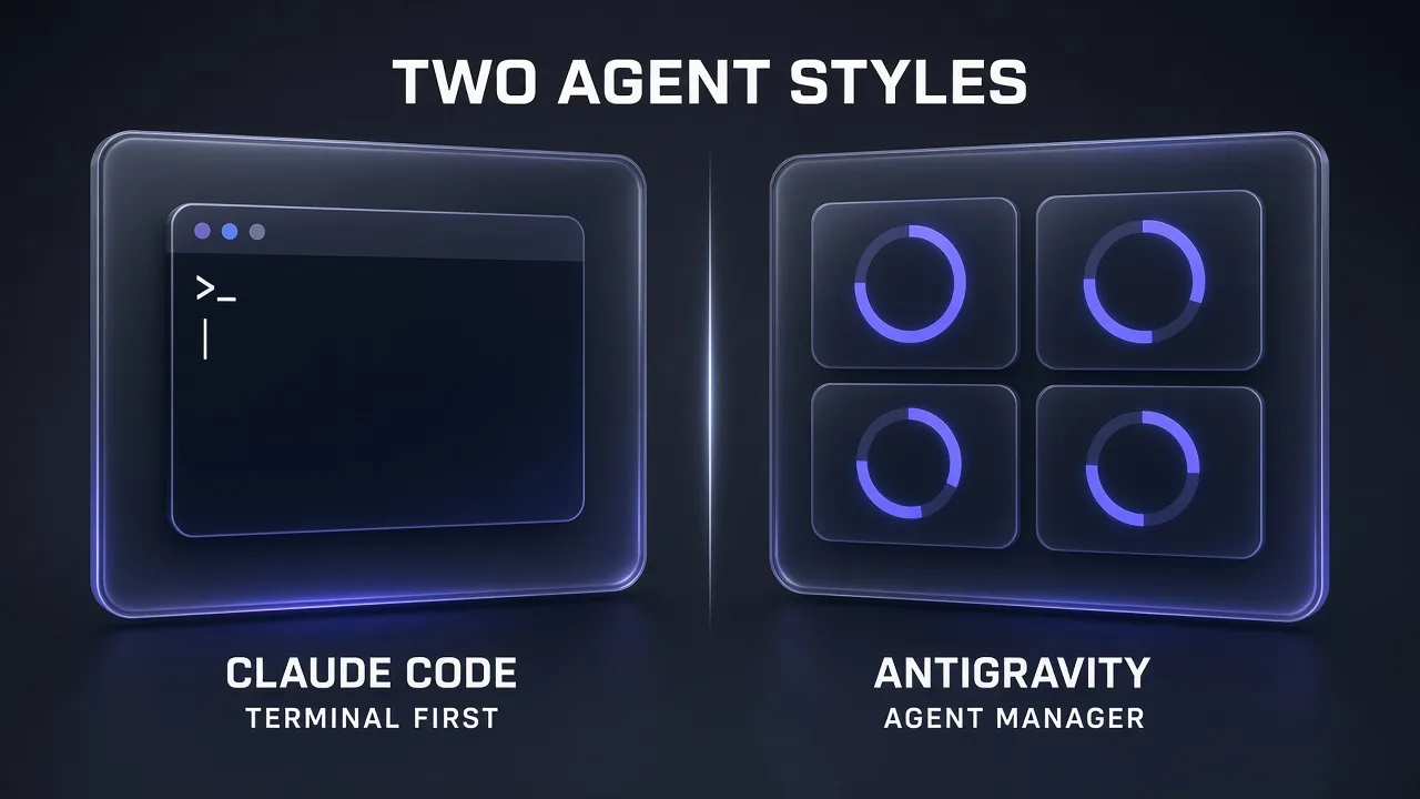Split comparison of two coding agent styles: Claude Code as a terminal-first agent on the left, and Antigravity as an Agent Manager with a grid of parallel agent task cards on the right