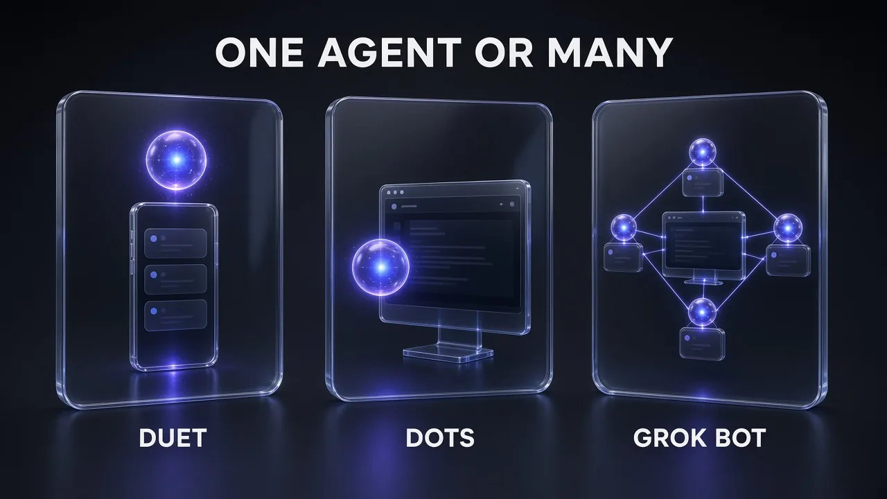 Comparison panel: Claude Duet as one phone-first agent, ChatGPT dots as one agent with a viewable computer, Grok Bot as a team of linked agents