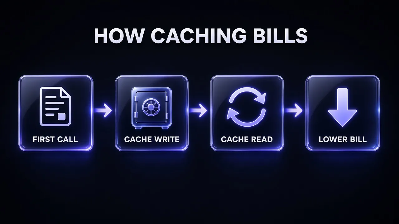 Flowchart titled HOW CACHING BILLS with four connected cards labelled FIRST CALL, CACHE WRITE, CACHE READ and LOWER BILL, showing how Claude prompt caching is charged across repeated API calls
